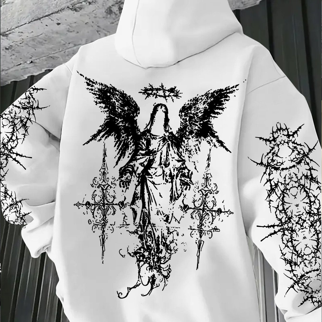 Men's Angel Element Graffiti Thorn Print Streetwear Hip-Hop Punk Style Hooded Sweatshirt, Regular Fit with Hooded Collar, Solid Color with Graphic Print, Casual Long-Sleeve Pullover