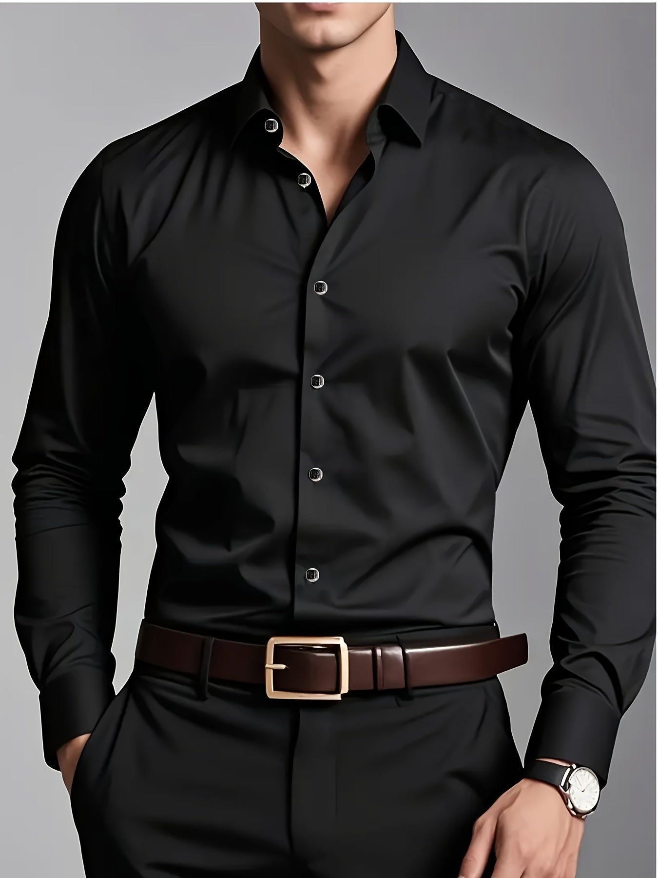 Men'S Slim-Fit Elegant Black Long Sleeve Button-Up Shirt - Lightweight Fabric, Smooth Texture, Suitable for Casual And Formal Occasions, Stylish Design, Durable Material, Professional Attire, Modern Men'S Fashion, High-Qualit