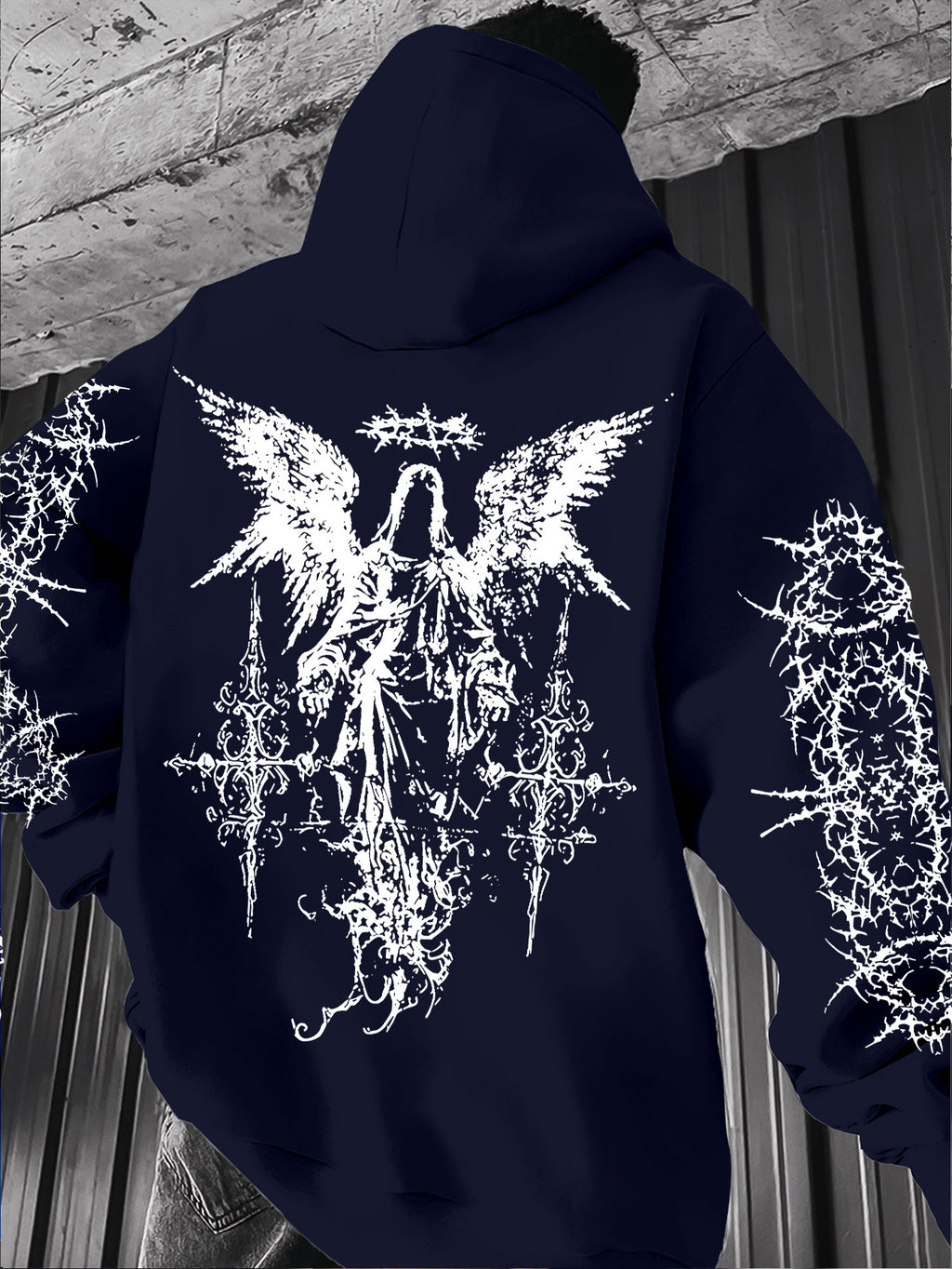 Men's Angel Element Graffiti Thorn Print Streetwear Hip-Hop Punk Style Hooded Sweatshirt, Regular Fit with Hooded Collar, Solid Color with Graphic Print, Casual Long-Sleeve Pullover